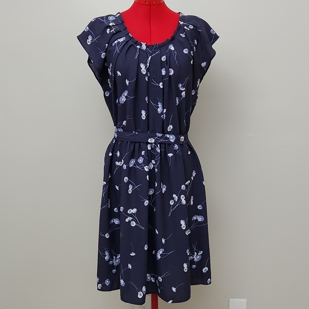 LC Lauren Conrad Floral Tie Waist Dress Navy Blue Flutter Sleeve XL